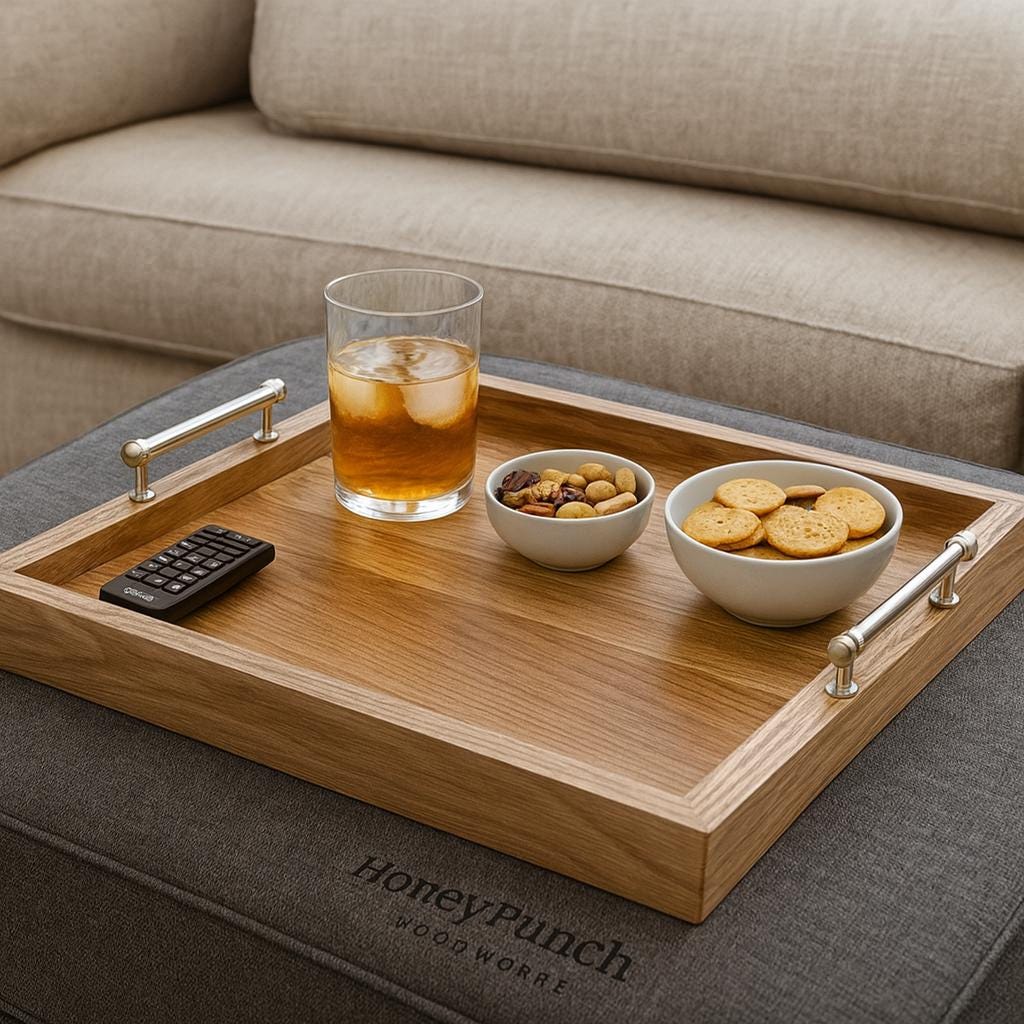 Handcrafted Butternut Wood Ottoman Tray – Nickel-Plated Handles, Home Decor